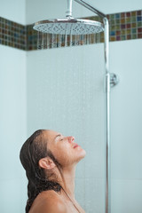 Poster - Woman with long hair taking shower under water jet