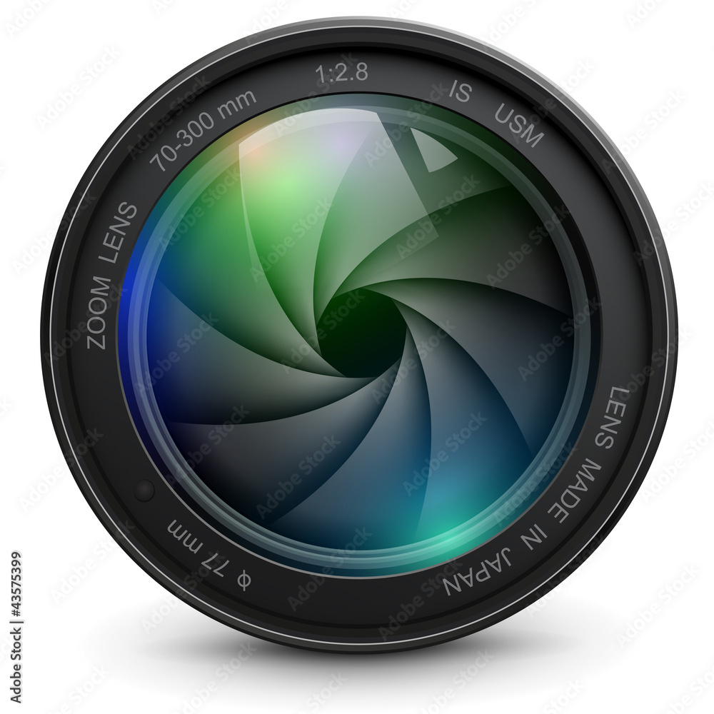 Camera photo lens with shutter. - obrazy, fototapety, plakaty 