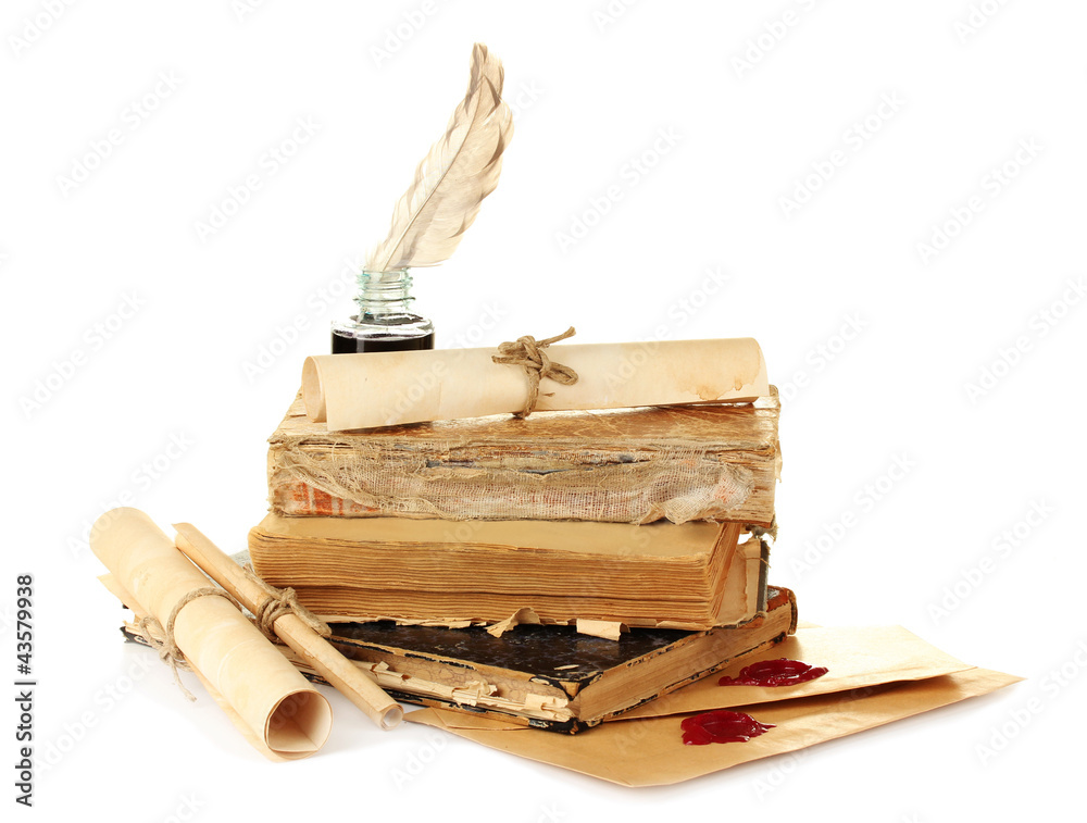 old books, letters and feather pen isolated on white