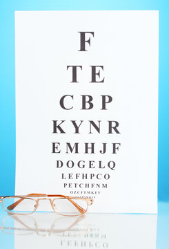 Eyesight test chart with glasses on blue background close-up