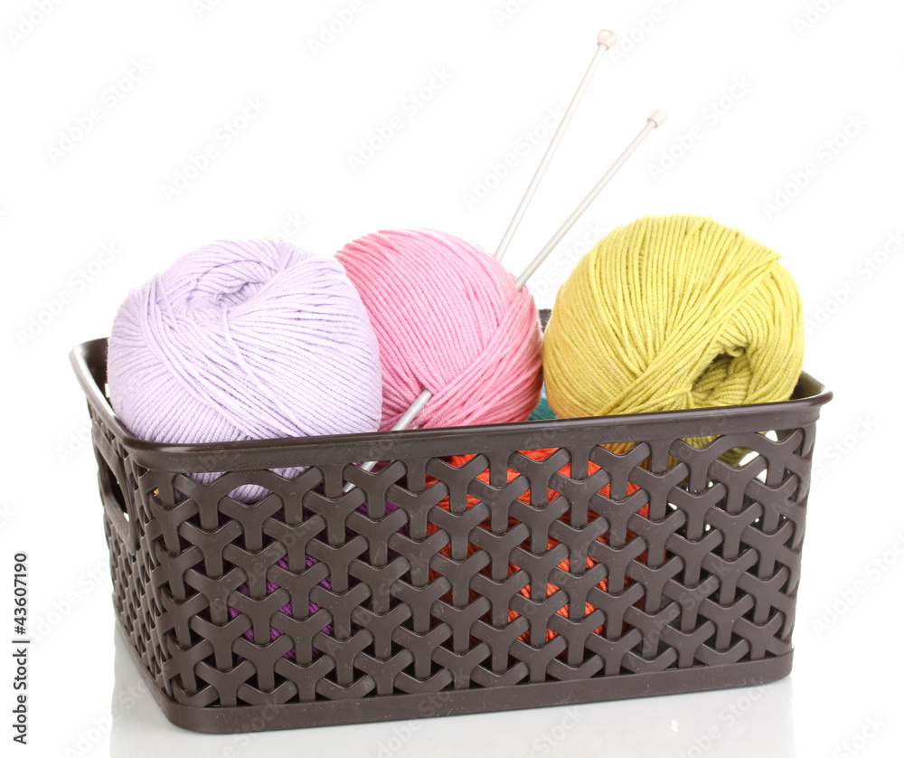 Knitting yarn in plastic basket isolated on white