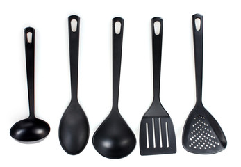 black kitchen utensils isolated on white