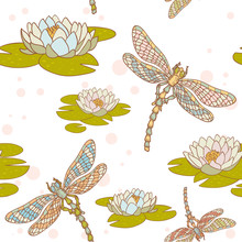 Dragonflies And Water Lilies Seamless Pattern
