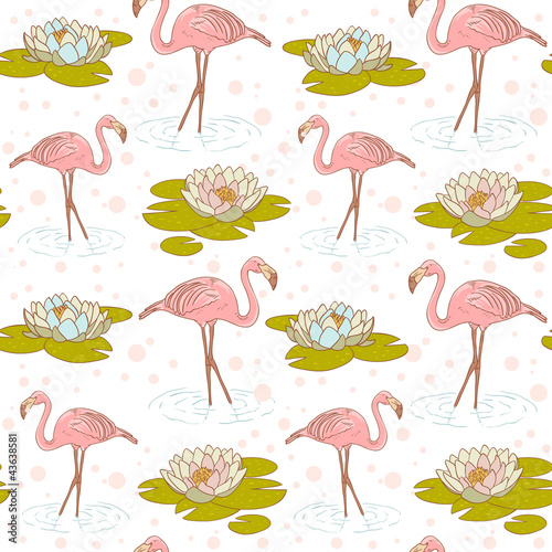 Fototapeta dla dzieci Pink flamingo with water lily flower seamless texture