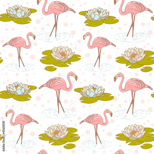 Obraz w ramie Pink flamingo with water lily flower seamless texture