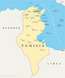 Tunisia political map with capital Tunis, national borders, most important cities, rivers and lakes. Illustration with English labeling and scaling. Vector.
