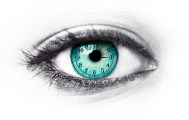 Wall Mural - Blue human eye and clock - Life passing concept