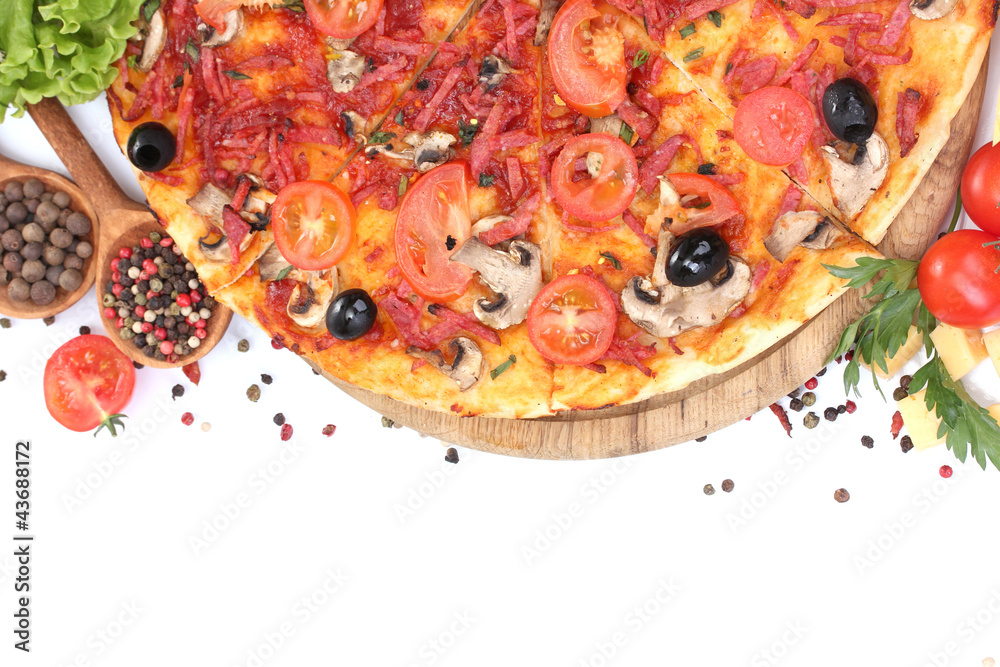 delicious pizza, vegetables and salami isolated on white.