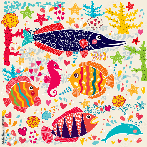 Obraz w ramie Vector wallpaper with fish and marine life