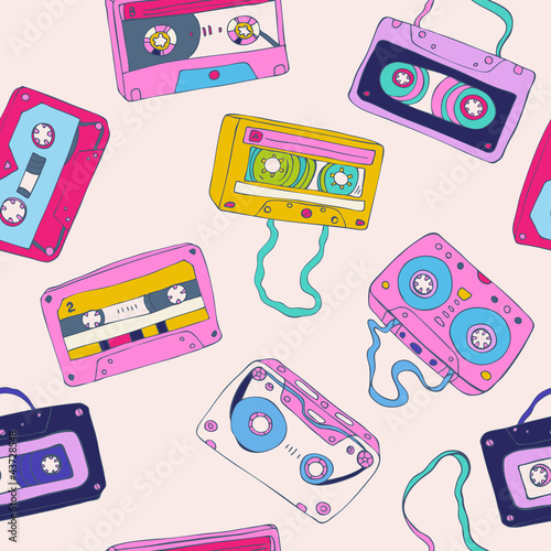 Naklejka - mata magnetyczna na lodówkę Seamless pattern of retro cassette tapes