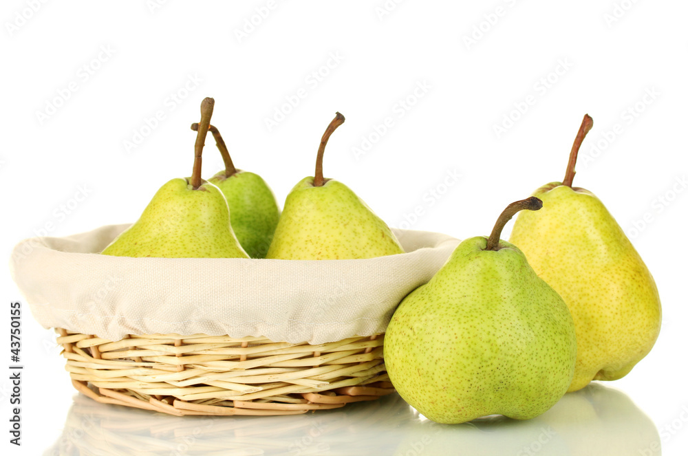 Ripe pears in wicker basket isolated on white