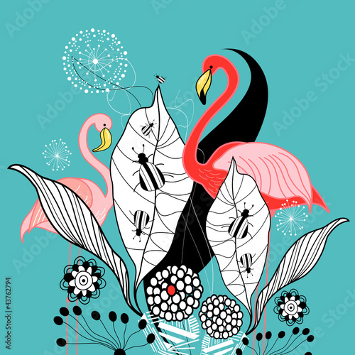 Naklejka na kafelki plants and flamingos