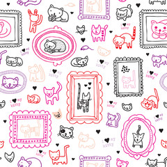 Fototapete - Seamless cat kitten ornament kids background pattern in vector