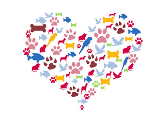 Pet care icons set. pet icons placed in shape of heart