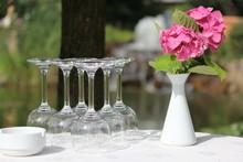 Glasses And Flowers On Table In A Garden