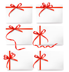 Poster - Set of card note with red gift bows with ribbons