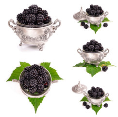 Wall Mural - fresh blackberry  in a metal bowl  Isolated