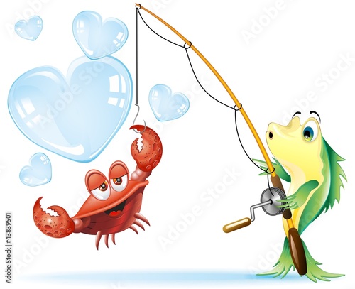 Pesce e Granchio Innamorati Cartoon Fish and Crab in Love-Vector