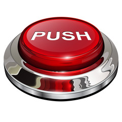 Poster - Push button, 3d red glossy metallic icon, vector.