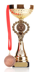 trophy cup and medal isolated on white