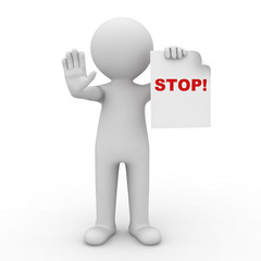 Wall Mural - 3d man making stop sign on white background