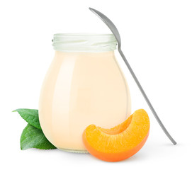 Poster - Isolated fruit yogurt. Open jar of fresh peach or apricot yogurt with a spoon isolated on white background