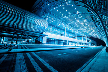 modern railway station in night