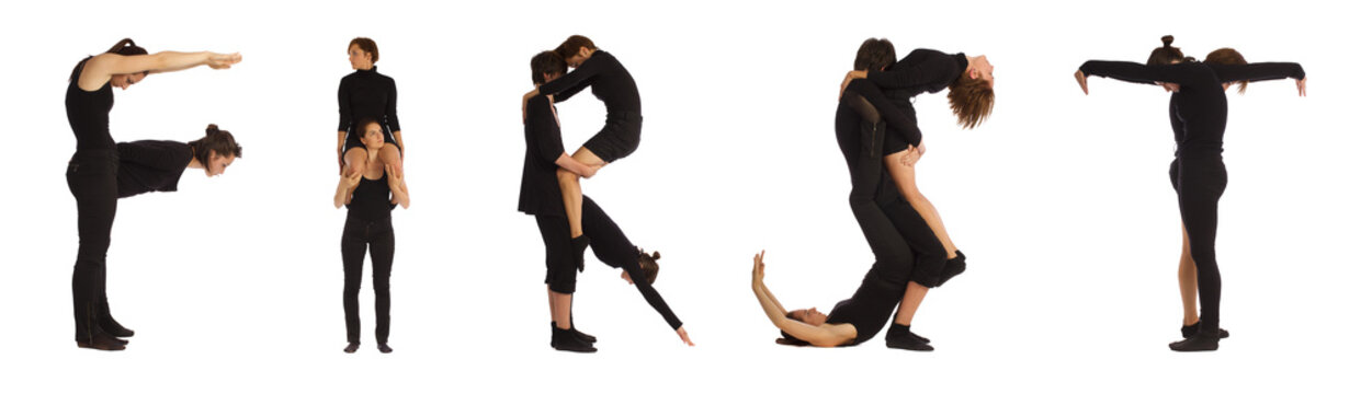 Black dressed people forming FIRST word over white