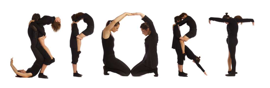 Black dressed people forming SPORT word over white