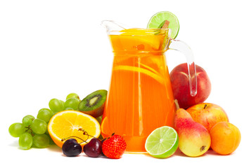 Wall Mural - Fruit pile and juice in pitcher isolated on white
