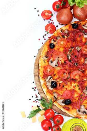 Plakat na zamówienie delicious pizza, vegetables and salami isolated on white.