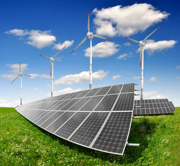 Wall Mural - solar energy panels and wind turbine
