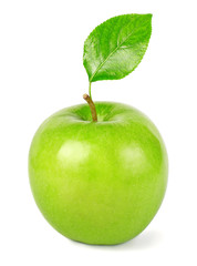 Wall Mural - Fresh green apple with leaf isolated on white background