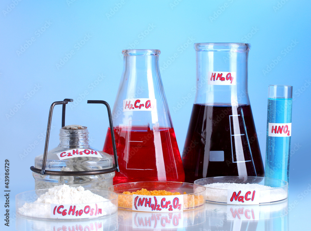Test-tubes with various acids and chemicals