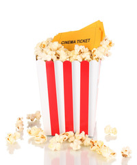 Wall Mural - classic box of popcorn and cinema tickets isolated on white