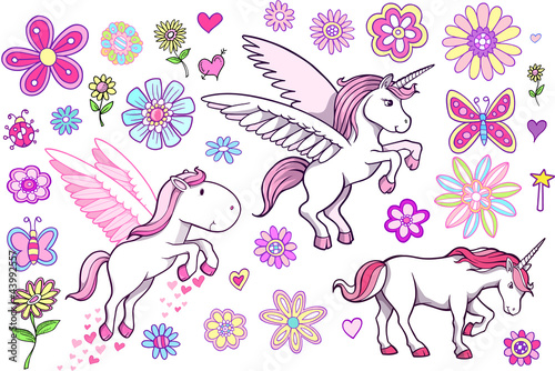 Naklejka ścienna Unicorn Pegasus Fairytale Spring Vector Set