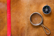 Vintage Leather With Magnifying Glass And Compass