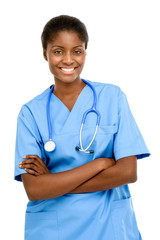 Portrait confident African American female doctor white backgrou