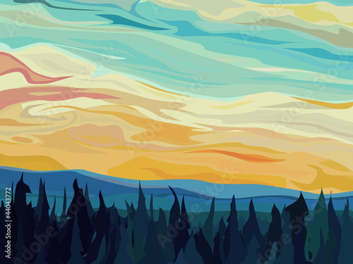 abstract-vector-hills-of-coniferous-forest-against-sunset