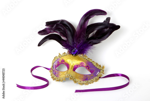 Fotografie, Obraz Purple and Gold Venetian Mask on White with Soft Shadow