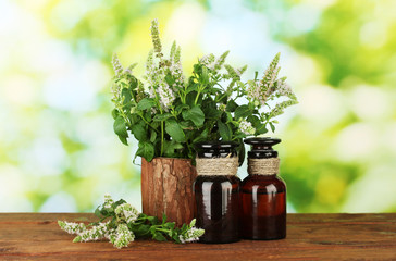 Essential oil and mint on green background close-up