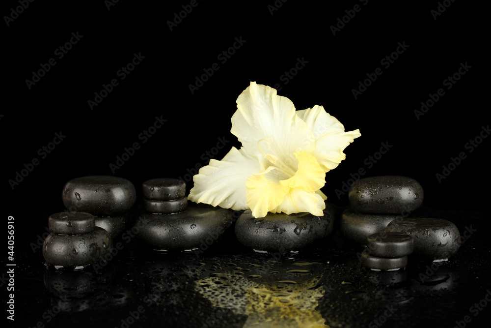 Spa stones with gladiolus bud isolated on black