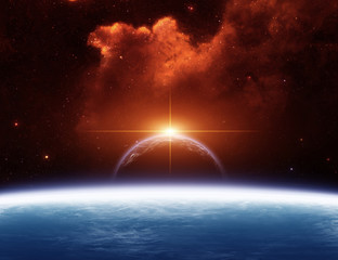 Wall Mural - solar system with star and red nebula