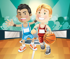 Kids playing basketball on indoor court. vector illustration car