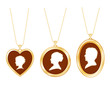 Cameo Family, vintage gold locket jewelry, chains, 3 silhouettes