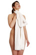 Naked young woman is holding white towel.