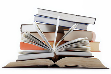 A stack of books on a white background.