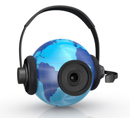 Poster - world globe with headphones and webcam