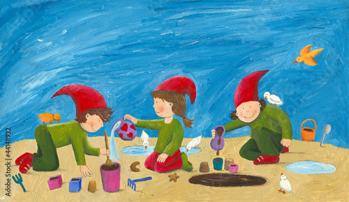 Fototapeta na wymiar Cute children - dwarfs playing in the sand