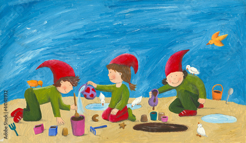 Fototapeta do kuchni Cute children - dwarfs playing in the sand